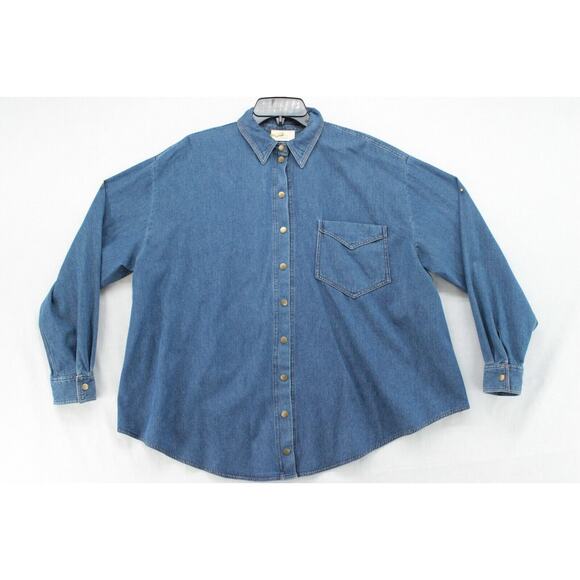 VTG Bonnie Strauss Blue Top womens Large High Low Y2K Hip Hop Long Sleeve Snap - Picture 1 of 7